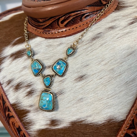 ✨New Genuine Blue Turquoise Stone Pendant Boho Necklace Statement Jewelry Brass - Picture 8 of 13
